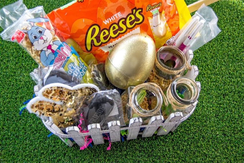 easter basket filled with succulents, inspirational stones, and candy for a teen girl