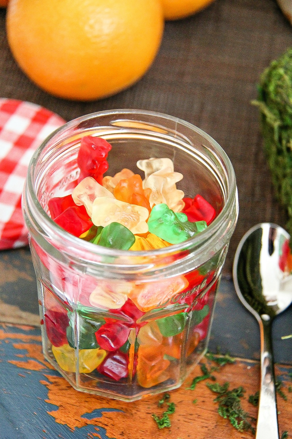 colorful gummy bears in a mason jar