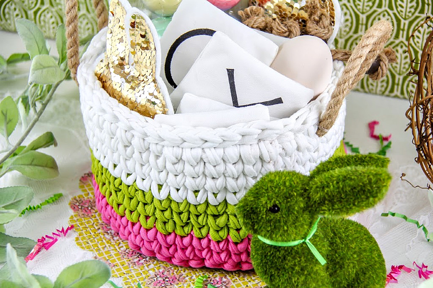 crochet easter basket in pink, green, and white