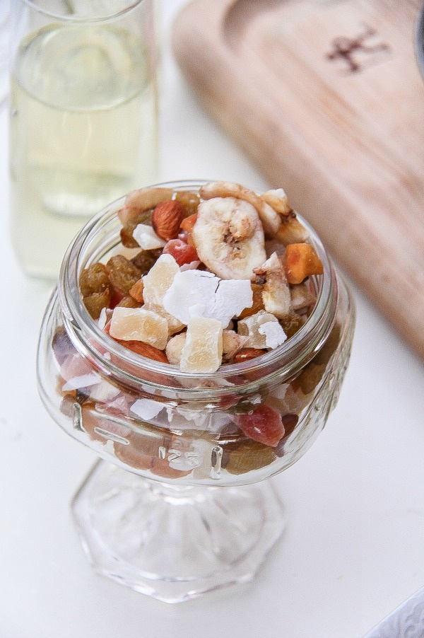 dried fruit and nut mix in a glass bowl