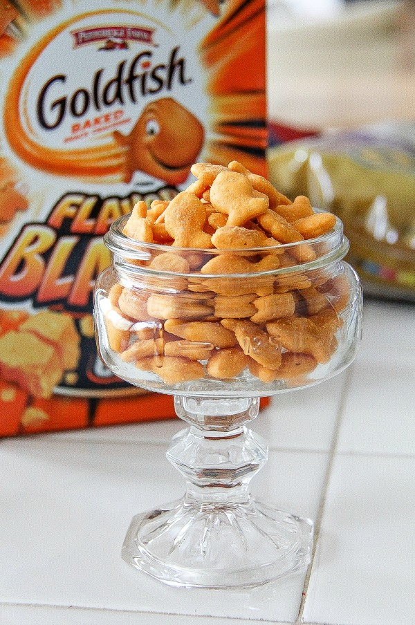 goldfish crackers in a glass bowl