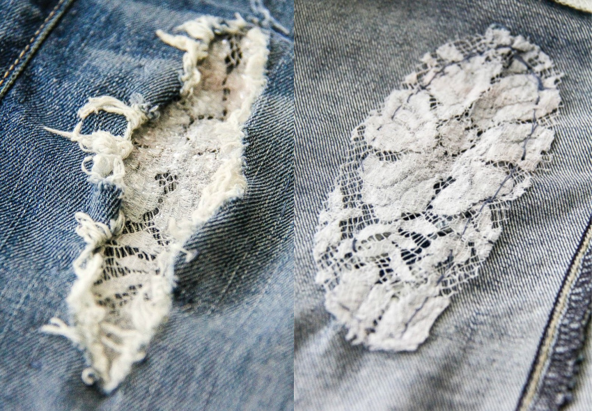 holes in jeans patched with lace