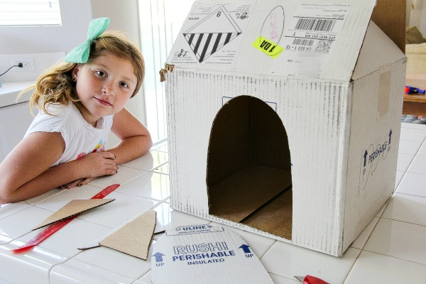 a white cardboard box with a hole cut out of it for a dog kennel