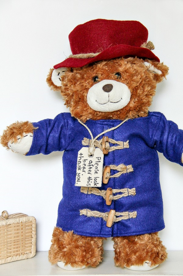 a build-a-bear dressed up like Paddington in a handmade outfit