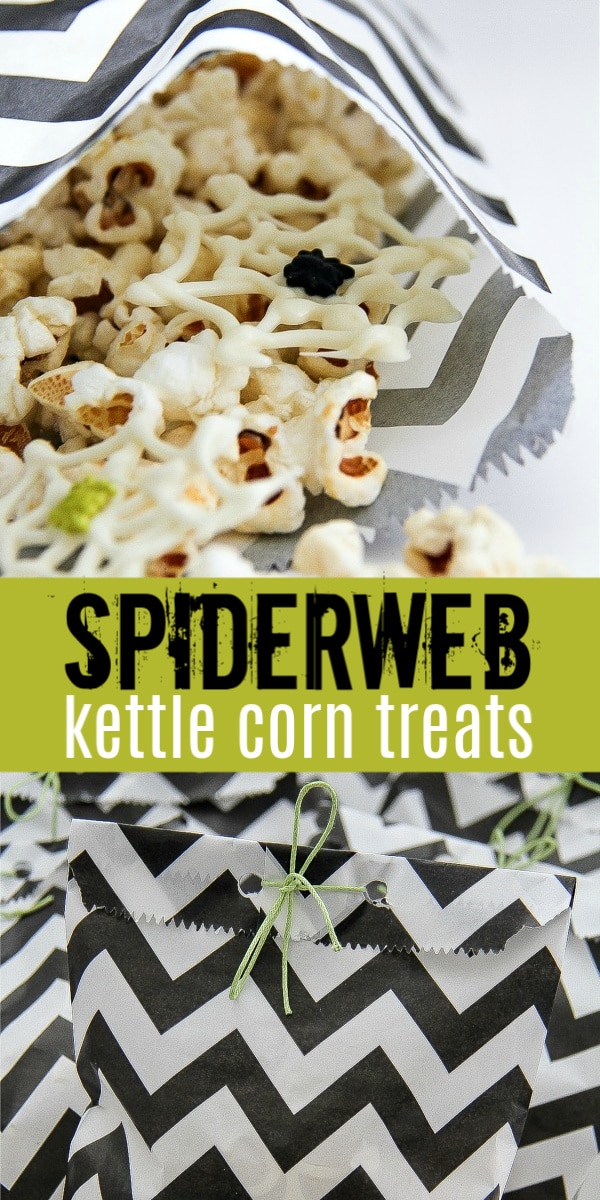 Halloween popcorn bag with a white chocolate spider web Pinterest image