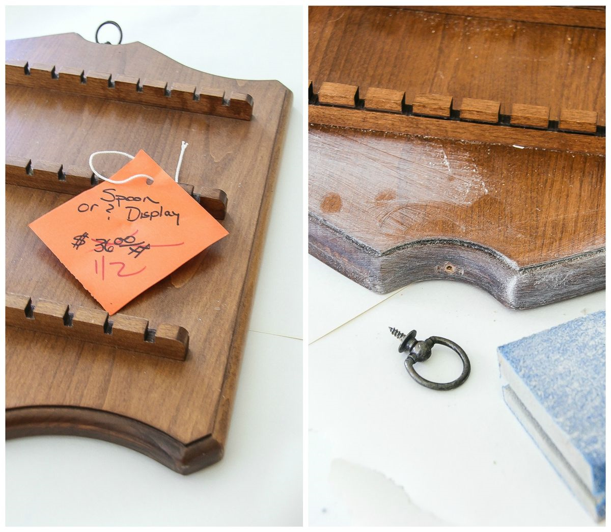 a vintage spoon rack being sanded