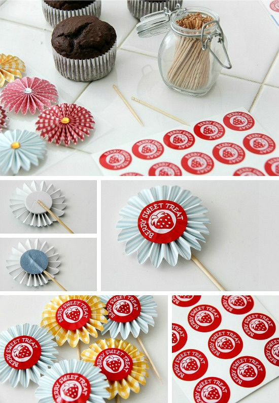 berry sweet treats labels being attached to paper fans and used as cupcake toppers