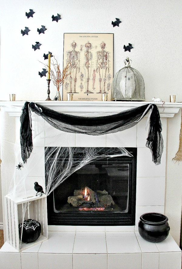black and white halloween fireplace decorations