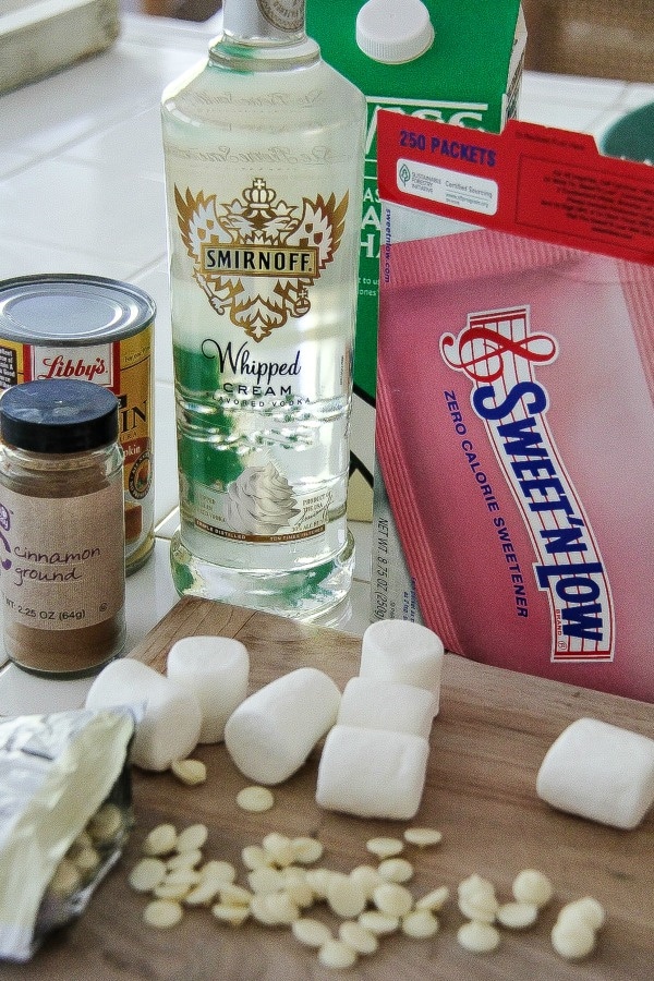 ingredients including vodka to make an alcoholic hot chocolate