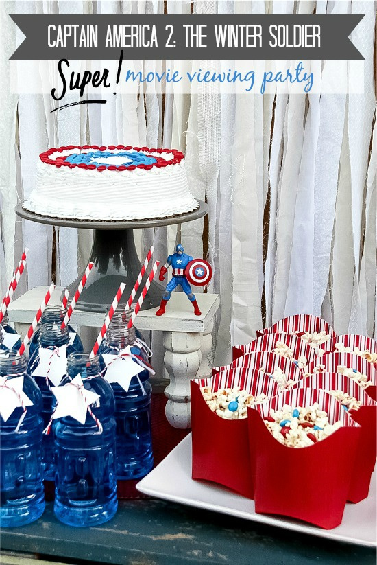 Captain America movie night party food including popcorn mix, drinks, and cake