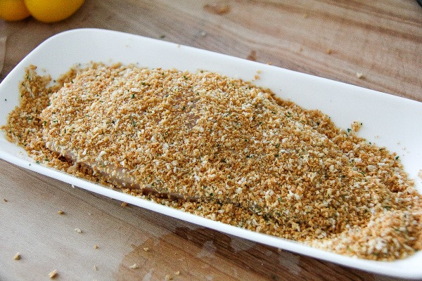 chicken breast covered in breadcrumbs