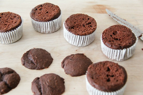 chocolate cupcakes with the tops cut off