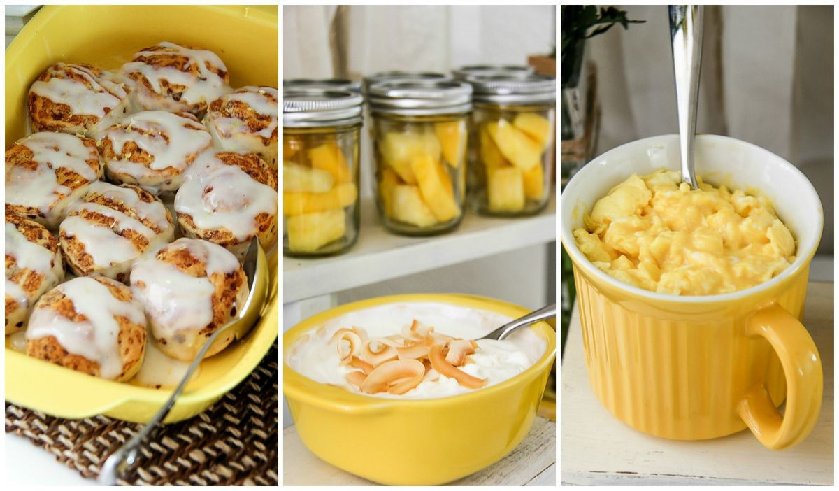 a collage of yellow breakfast foods in yellow dishes