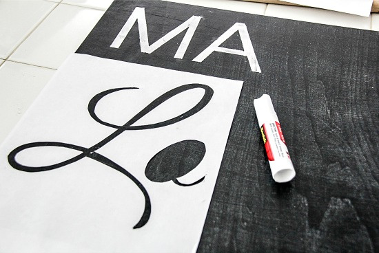 a chalkboard sign with handmade letter stencils