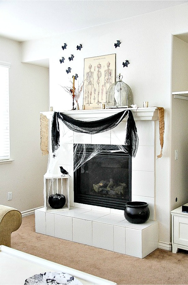 black and white Halloween fireplace decorations