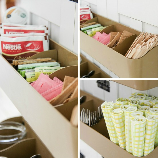 breakfast condiments and napkins in trays on a desk for a brunch table