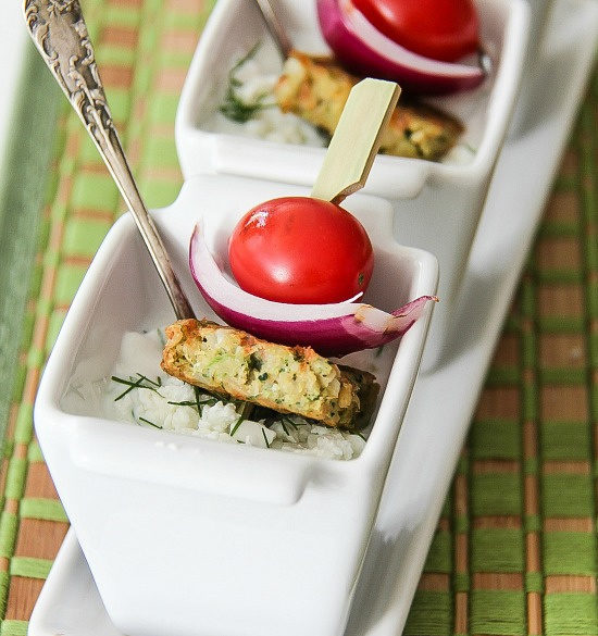 Mediterranean inspired chickpea patty skewers in a tzatziki dipping sauce