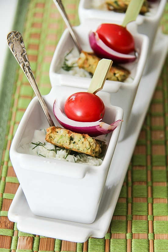 Mediterranean inspired chickpea patty skewers in a tzatziki dipping sauce