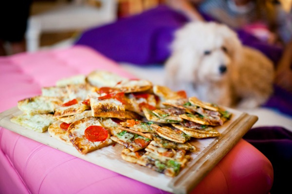 flatbread pizza on a wood tray for a kids movie night