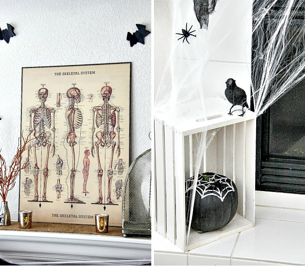 vintage skeletal system poster for halloween fireplace mantel