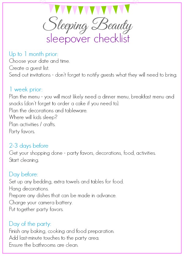 a sleeping beauty sleepover checklist