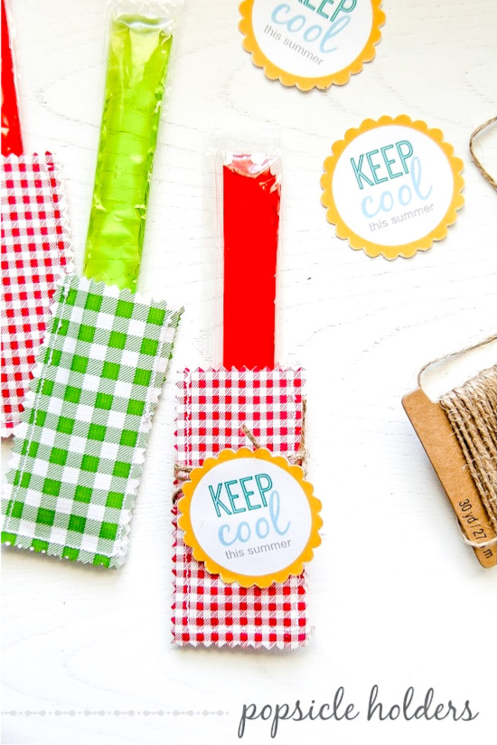 red and green popsicles inside oilcloth holders with keep cool tags