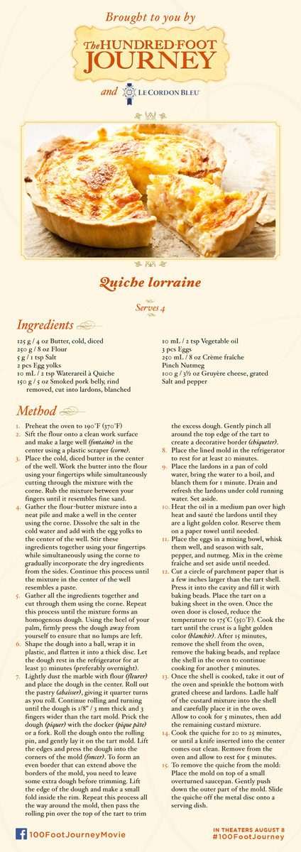 Quiche lorraine recipe card from The Hundred-Foot Journey movie