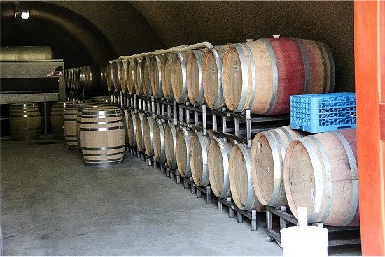 wine barrels in the wine cellar at Holman Ranch