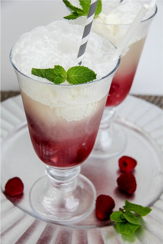 A cocktail made with Trop50 raspberry and ice cream with alcohol.