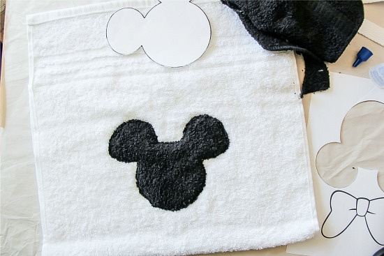 black mickey mouse sewn onto a white towel