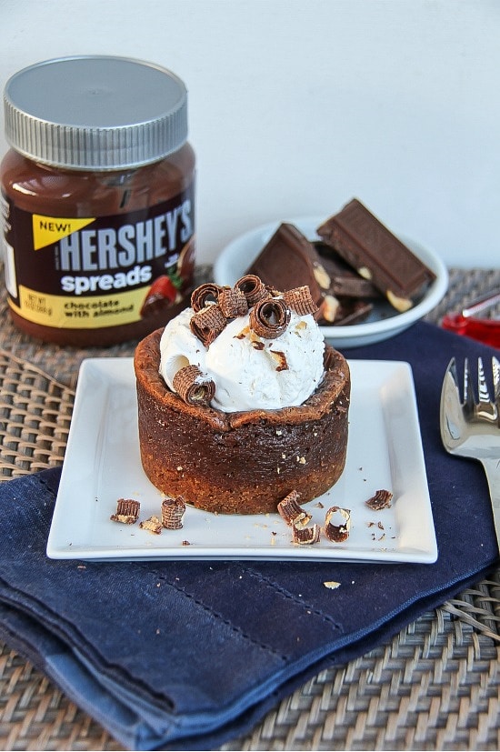 Hershey's chocolate almond spread with Hershey's chocolate and a baked chocolate cheesecake