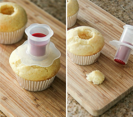 a cupcake corer being used to put filling in muffins