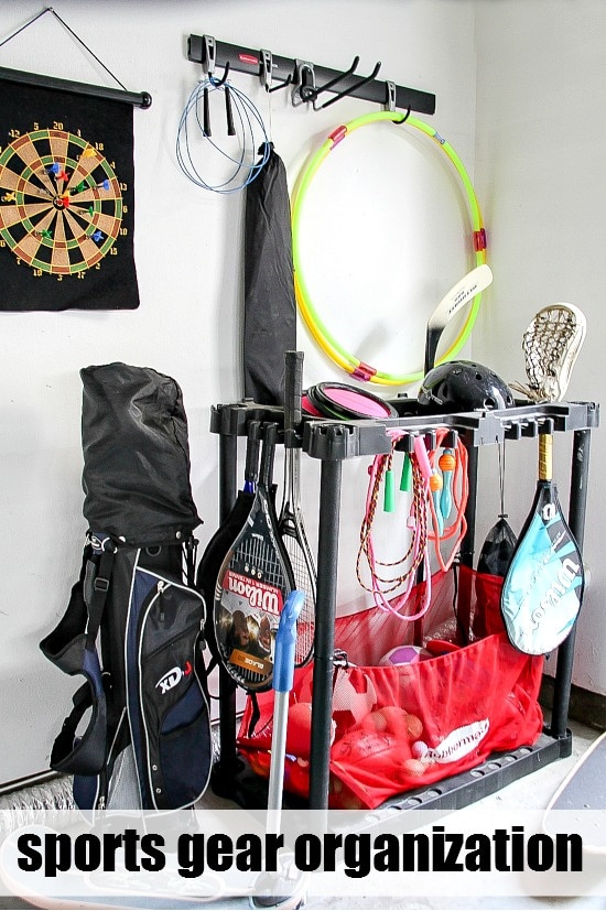 sports gear organized in a garage