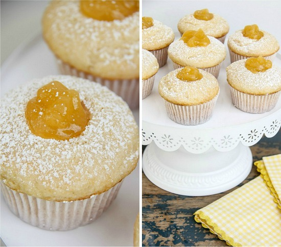 vanilla muffins with lemon curd filling on a white cake stand