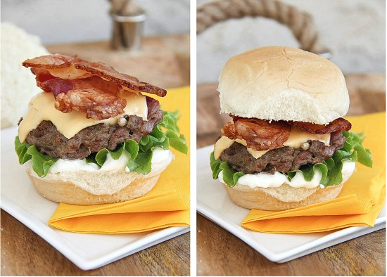 bacon cheeseburger sliders with lettuce and mayonnaise