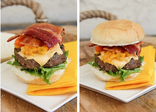 bacon cheeseburger sliders with corn relish on a white plate