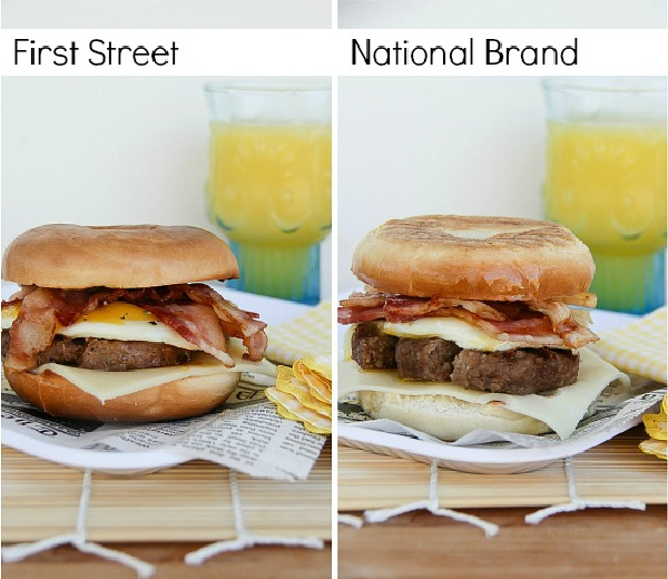 side-by-side photos comparing first street brand food products in a bagel compared to national brands