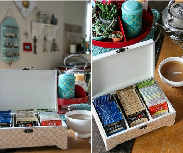 a tea box on a dining table with an antique teapot for afternoon tea