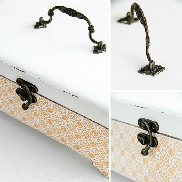 antique hardware being attached to a simple wood storage box