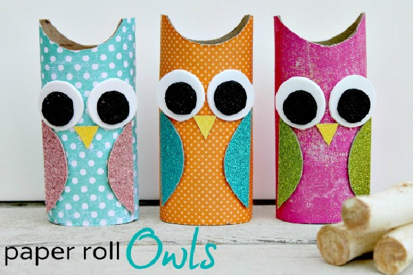 paper rolls made to look like colorful owls