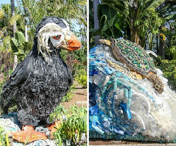 a turtle and penguin sculpture made out of recycled materials at seaworld san diego