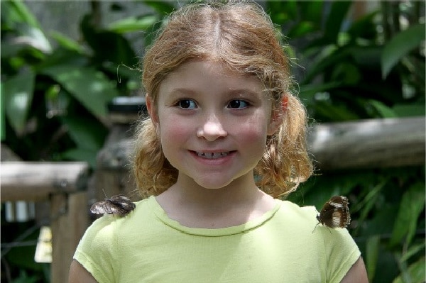 butterflies landing on a girls shoulders