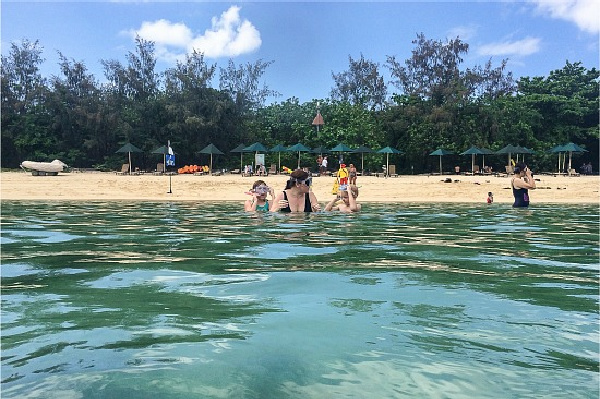 lady snorkeling with kids at green island