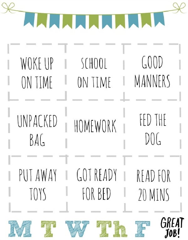 rewards chart for kids for school days