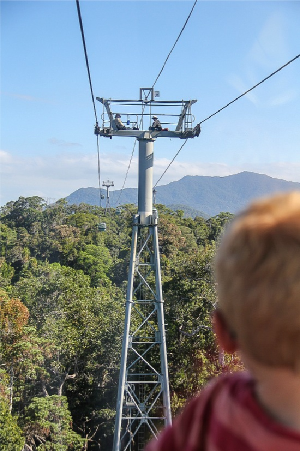 a boy on the kuranda skyrail going over the trees with workmen on top of a platform