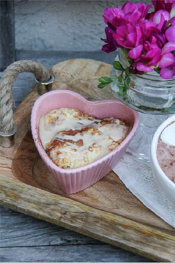 valentine's day maple cinnamon scone in a heart-shaped baking dish