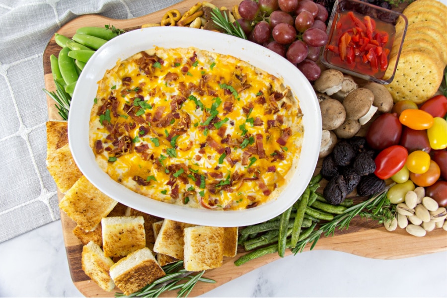 Kentucky Hot Brown dip on a charcuterie board.