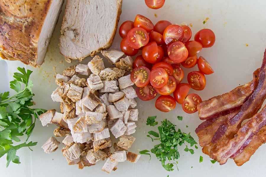 chopped turkey breast, sliced tomatoes, and cooked bacon for a dip