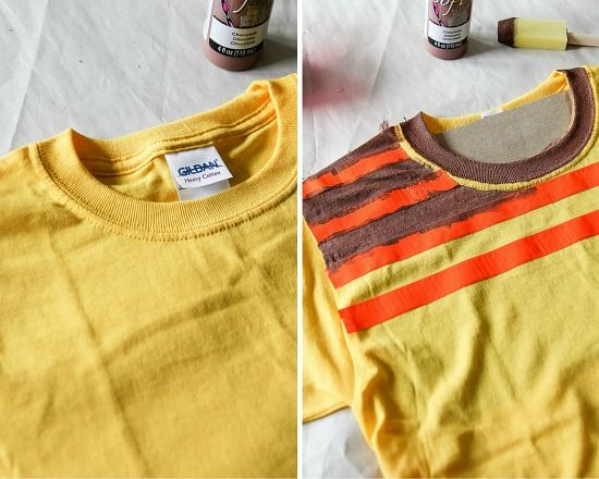 Instructions for painting a yellow t-shirt with brown stripes for an Agnes from Despicable Me costume