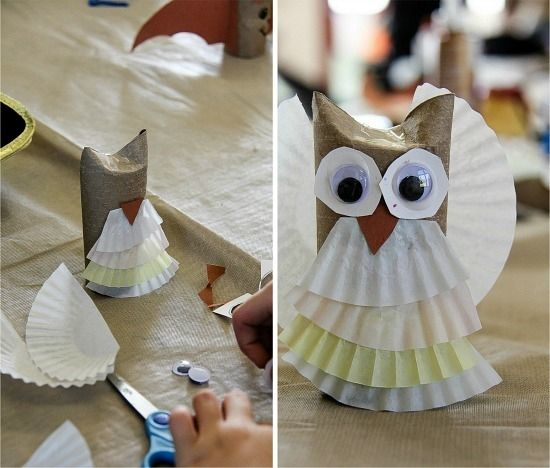 paper roll owls decorated with mini cupcake liners and googly eyes